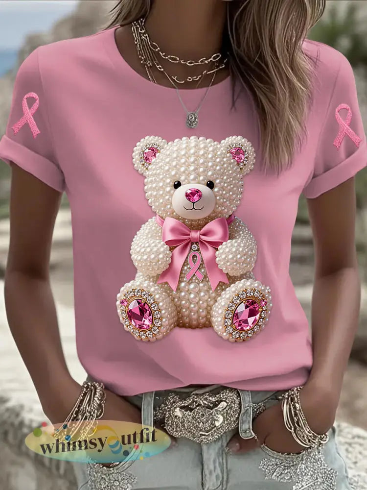 Retro borstkanker parel boogbeer print korte mouw T-shirt - Roze / S
