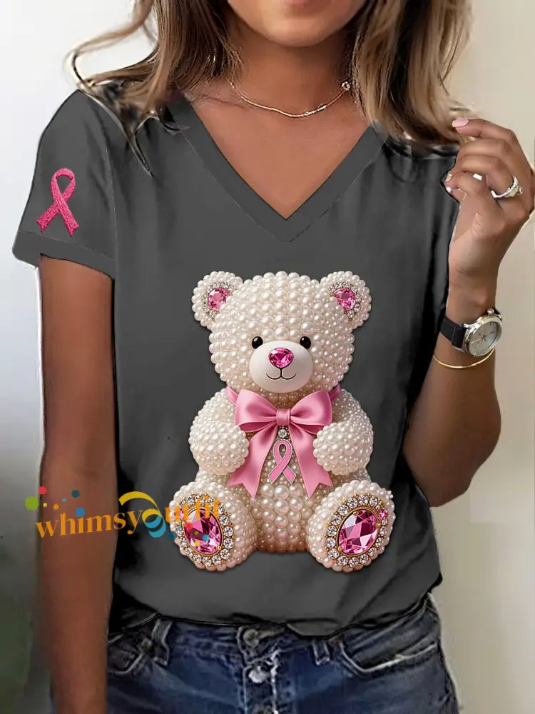 Retro Breast Cancer Awareness Cute Pearl Bear Print V Neck Short Sleeve T Shirt Gray / S