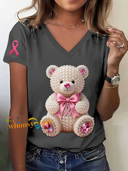 Retro Breast Cancer Awareness Cute Pearl Bear Print V Neck Short Sleeve T Shirt Gray / S