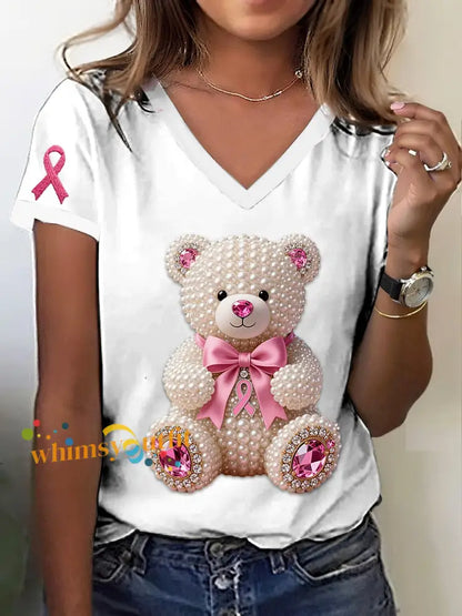Retro Breast Cancer Awareness Cute Pearl Bear Print V Neck Short Sleeve T Shirt White / S