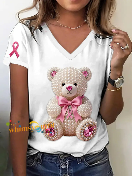Retro Breast Cancer Awareness Cute Pearl Bear Print V Neck Short Sleeve T Shirt White / S