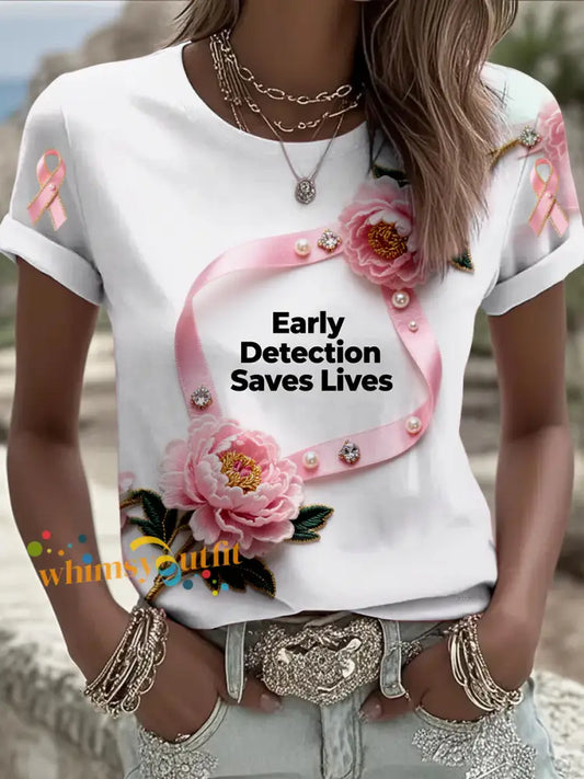 Retro Breast Cancer Early Detection Saves Lives Print Comfortable Casual Cotton Short sleeved T shirt White / S