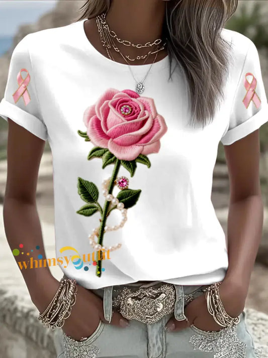Retro Breast Cancer Embroidered Floral Jewelry with Pearls Print Comfortable Casual Cotton Short sleeved T shirt White