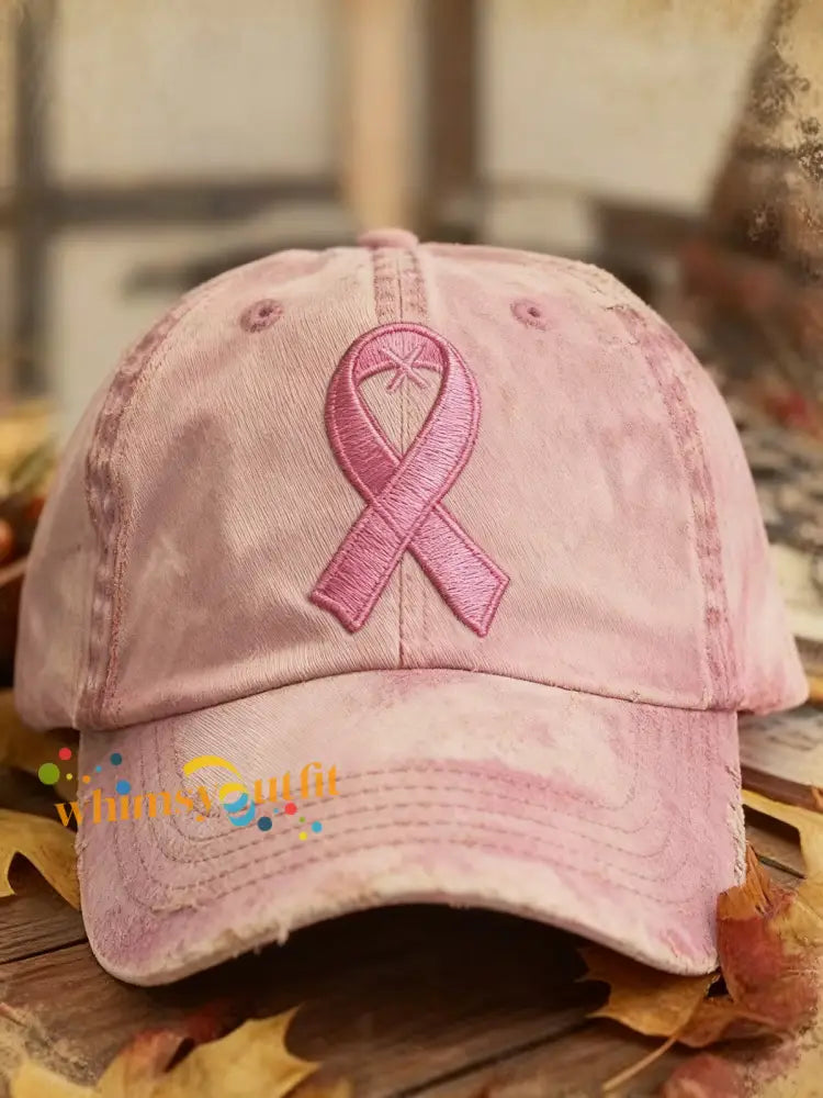 Retro Breast Cancer Embroidered Print Washed Cap Pink / ONE