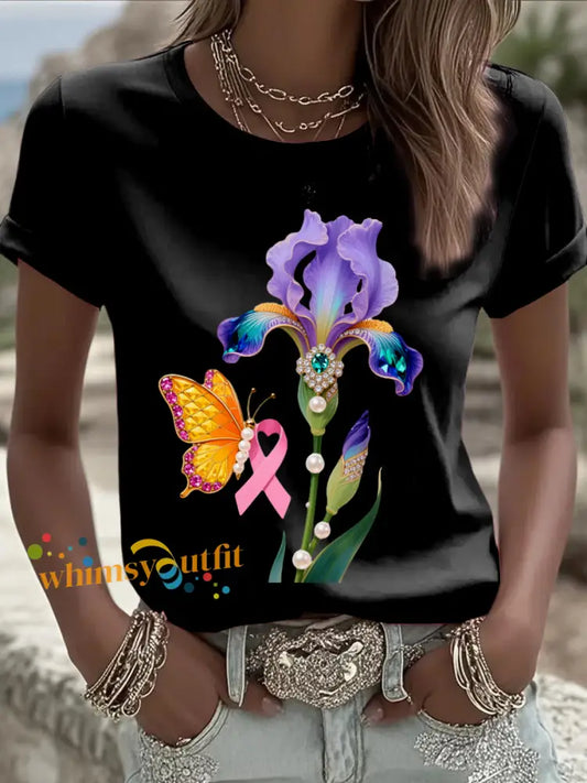 Retro Breast Cancer Floral Butterfly Jewelry Print Comfortable Casual Cotton Short sleeved T shirt Black / S