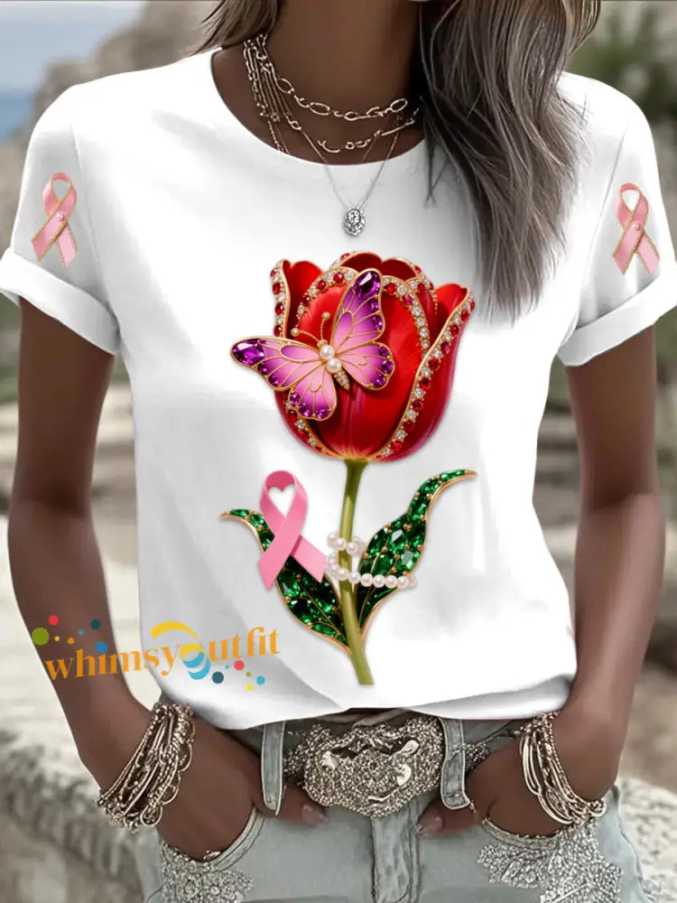 Retro Breast Cancer Floral Butterfly Ribbon Jewelry Print Comfortable Casual Cotton Short sleeved T shirt White / S