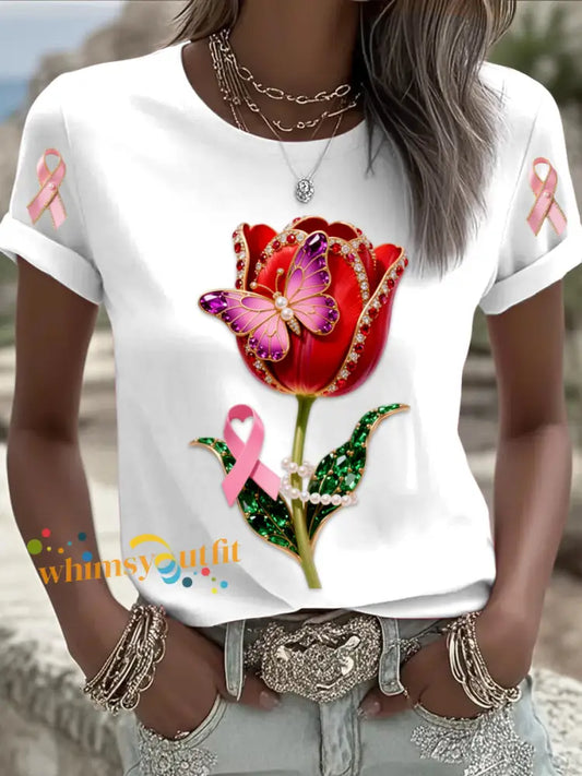 Retro Breast Cancer Floral Butterfly Ribbon Jewelry Print Comfortable Casual Cotton Short sleeved T shirt White / S