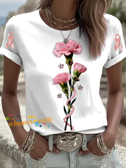 Retro Breast Cancer Floral Star Pearl Print Comfortable Casual Cotton Short sleeved T shirt White / S