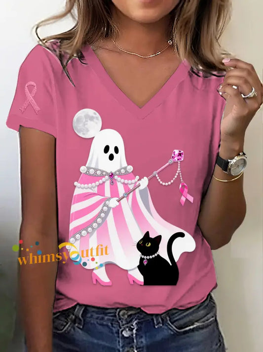 Retro Breast Cancer Halloween Ghost Black Cat Jewelry Print V Neck Short Sleeve T Shirt Pink / S