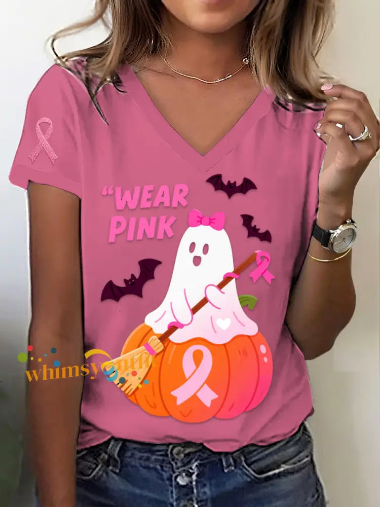 Retro Breast Cancer Halloween Ghost Print V Neck Short Sleeve T Shirt Pink / S