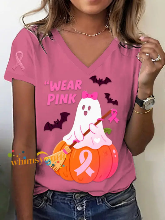 Retro Breast Cancer Halloween Ghost Print V Neck Short Sleeve T Shirt Pink / S