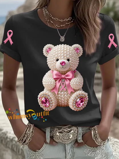 Retro Breast Cancer Pearl Bow Bear Print Short Sleeve T Shirt Black / S