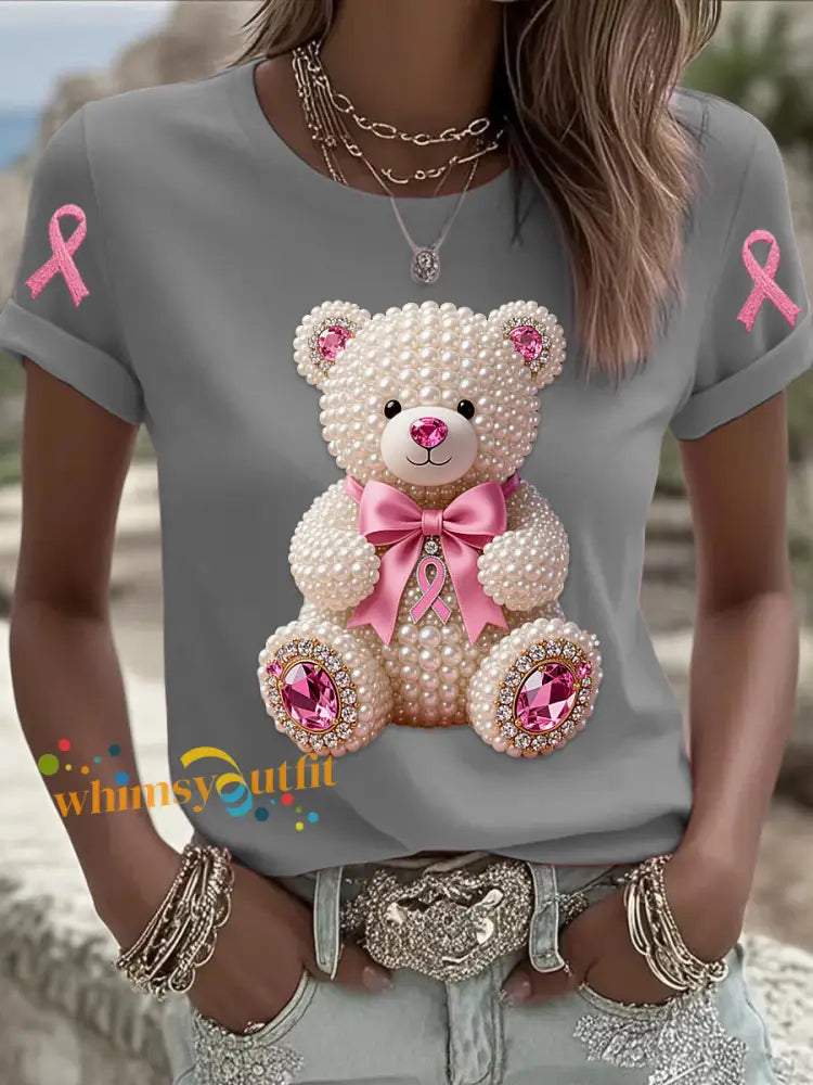 Retro Breast Cancer Pearl Bow Bear Print Short Sleeve T Shirt Gray / S