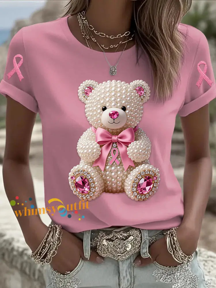 Retro Breast Cancer Pearl Bow Bear Print Short Sleeve T Shirt Pink / S