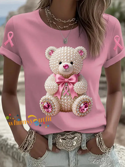 Retro Breast Cancer Pearl Bow Bear Print Short Sleeve T Shirt Pink / S