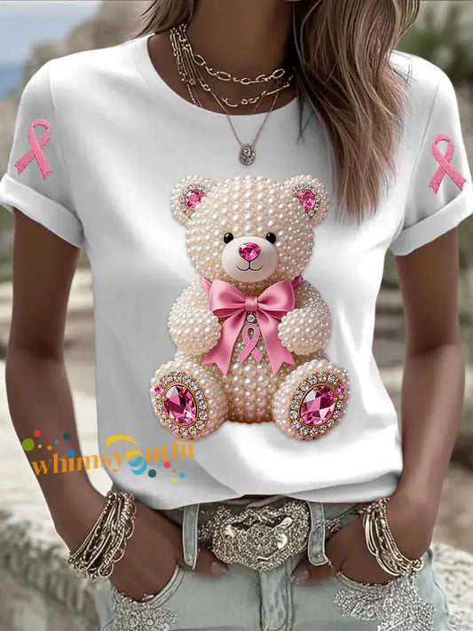 Retro Breast Cancer Pearl Bow Bear Print Short Sleeve T Shirt White / S