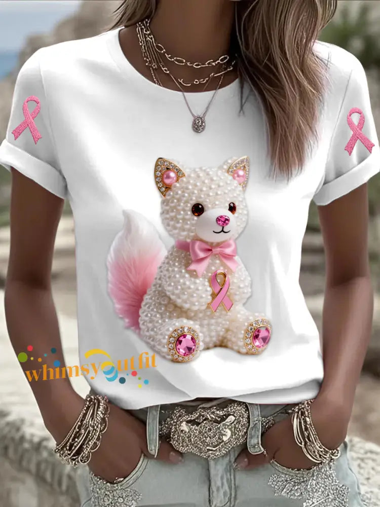 Retro Breast Cancer Pearl Bow Cat Print Short Sleeve T Shirt White / S