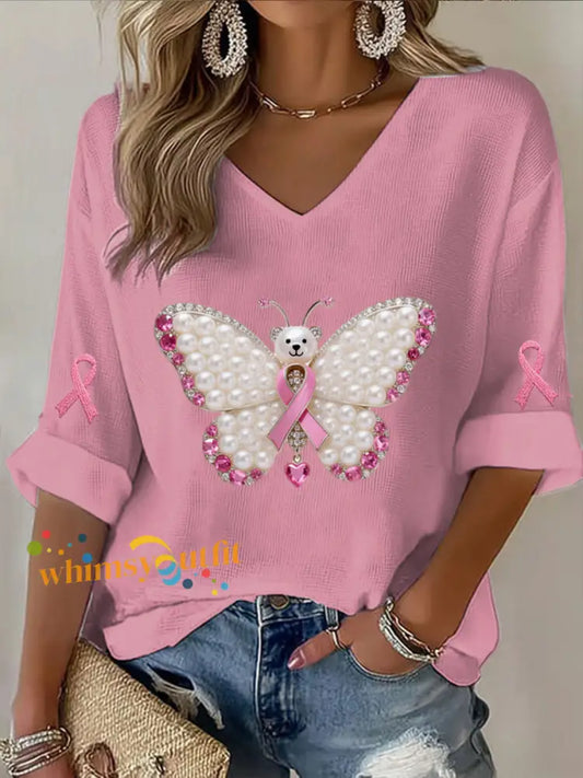Retro Breast Cancer Pearl Diamond Butterfly Print Casual Cotton Waffle Long Sleeve T Shirt Pink / S