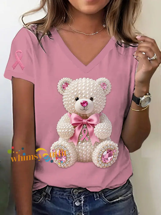 Retro Breast Cancer Pearl Diamond Cute Bear Print V Neck Short Sleeve T Shirt Pink / S