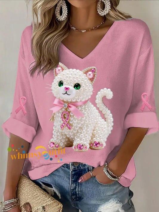 Retro Breast Cancer Pearl Diamond Cute Kitty Print Casual Cotton Waffle Long Sleeve T Shirt Pink / S