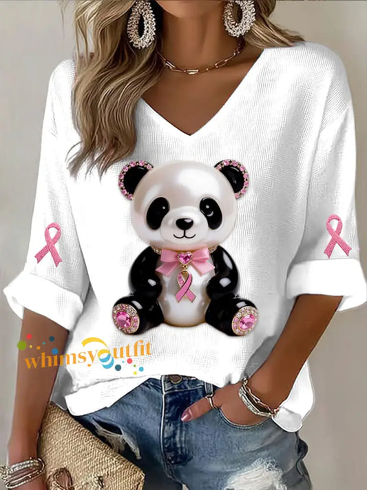 Retro Breast Cancer Pearl Diamond Cute Panda Print Casual Cotton Waffle Long Sleeve T Shirt White / S