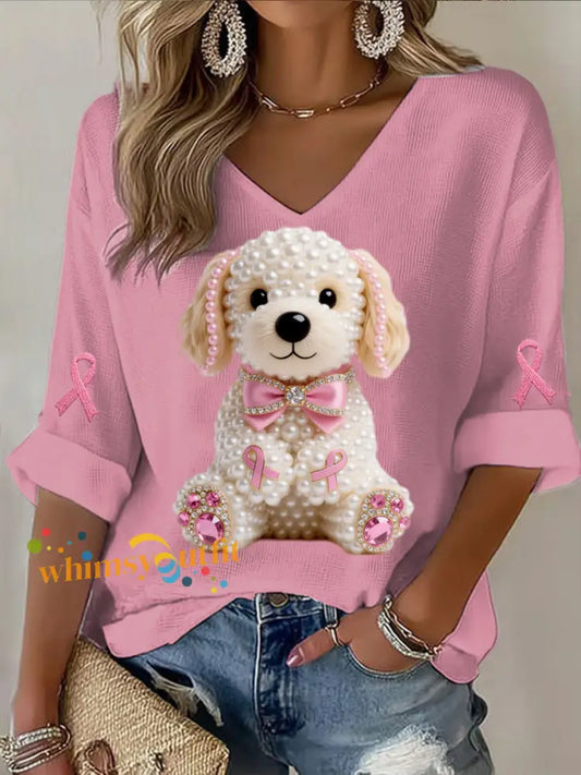 Retro Breast Cancer Pearl Diamond Cute Puppy Print Casual Cotton Waffle Long Sleeve T Shirt Pink / S