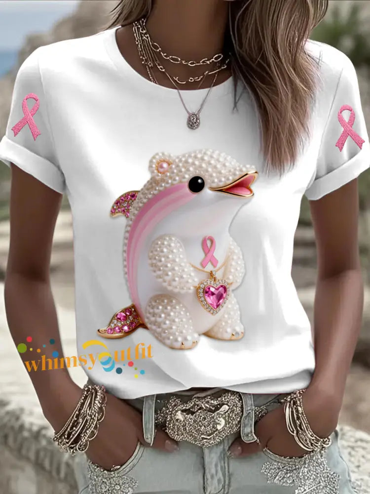 Retro Breast Cancer Pearl Diamond Dolphin Print Short Sleeve T Shirt White / S
