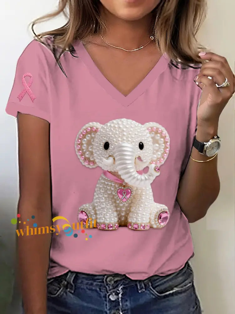 Retro Breast Cancer Pearl Diamond Elephant Print V Neck Short Sleeve T Shirt Pink / S