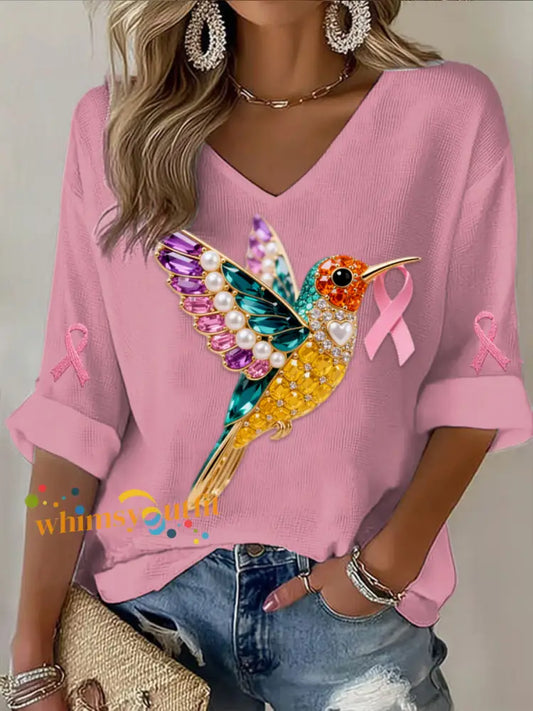 Retro Breast Cancer Pearl Diamond Multicolor Hummingbird Abstract Print Casual Cotton Waffle Long Sleeve T Shirt Pink