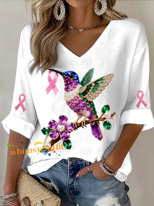 Retro Breast Cancer Pearl Diamond Multicolor Hummingbird Abstract Print Casual Cotton Waffle Long Sleeve T Shirt White