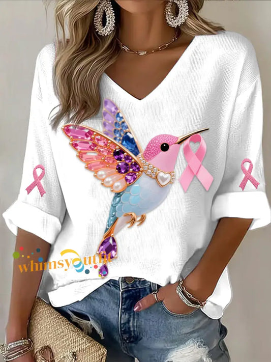 Retro Breast Cancer Pearl Diamond Multicolor Hummingbird Abstract Print Casual Cotton Waffle Long Sleeve T Shirt White