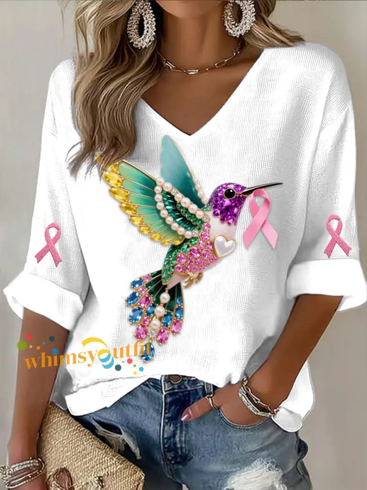 Retro Breast Cancer Pearl Diamond Multicolor Hummingbird Abstract Print Casual Cotton Waffle Long Sleeve T Shirt White