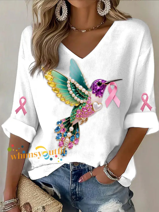 Retro Breast Cancer Pearl Diamond Multicolor Hummingbird Abstract Print Casual Cotton Waffle Long Sleeve T Shirt White
