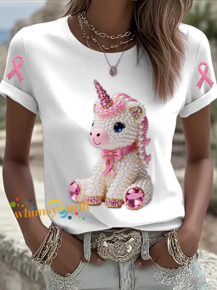 Retro Breast Cancer Pearl Diamond Pony Print Short Sleeve T Shirt White / S