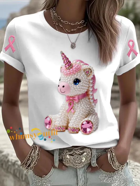 Retro Breast Cancer Pearl Diamond Pony Print Short Sleeve T Shirt White / S