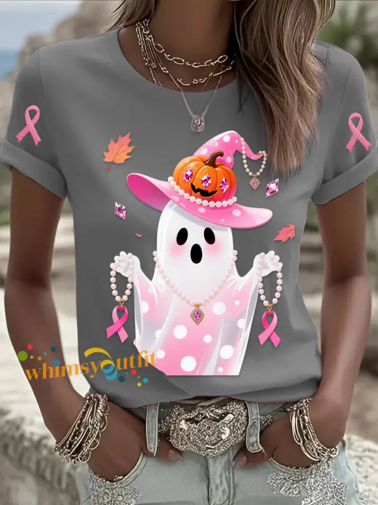 Retro Breast Cancer Pearl Halloween Ghost Print Comfortable Casual Cotton Short sleeved T shirt Gray / S