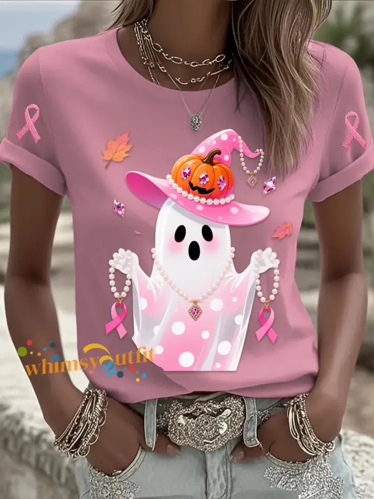 Retro Breast Cancer Pearl Halloween Ghost Print Comfortable Casual Cotton Short sleeved T shirt Pink / S