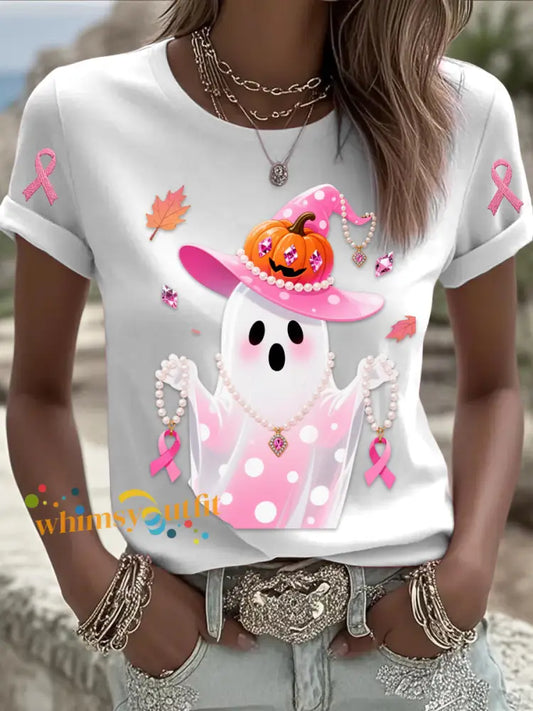 Retro Breast Cancer Pearl Halloween Ghost Print Comfortable Casual Cotton Short sleeved T shirt White / S