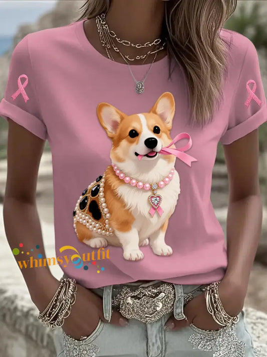 Retro Breast Cancer Pearl Jewelry Corgi Puppy Print Comfortable Casual Cotton Short sleeved T shirt White / S