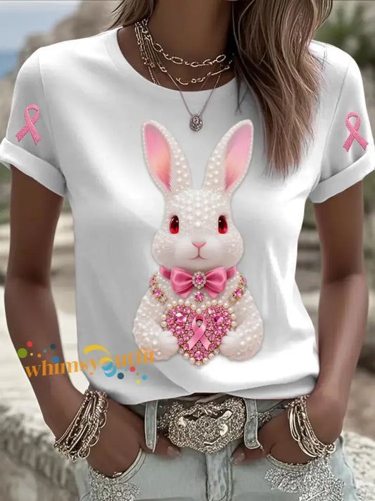 Retro Breast Cancer Pearl Jewelry Cute Rabbit Print Comfortable Casual Cotton Short sleeved T shirt White / S