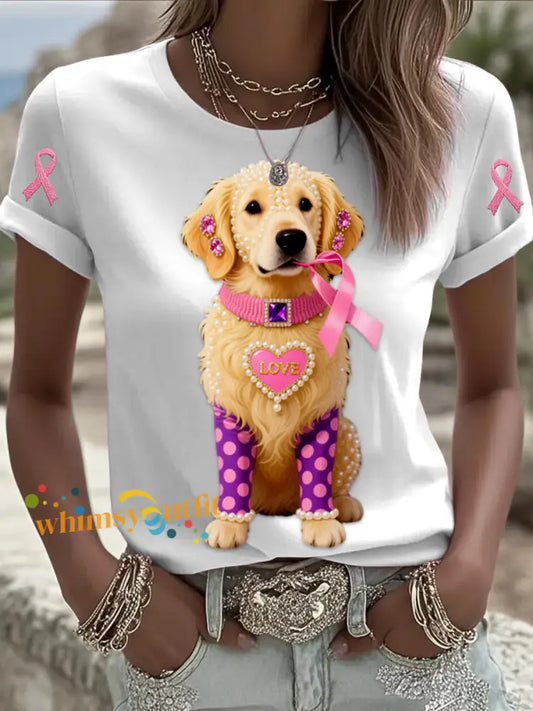 Retro Breast Cancer Pearl Jewelry Loves Cute Dog Print Comfortable Casual Cotton Short sleeved T shirt White / S