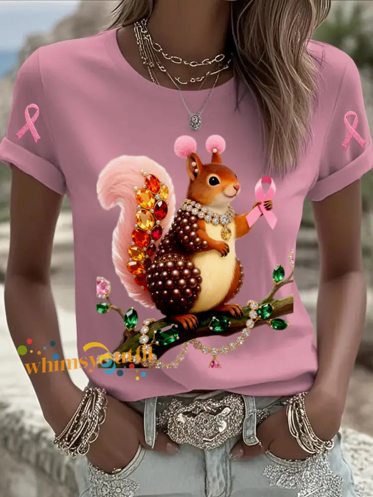 Retro Breast Cancer Pearl Jewelry Squirrel Print Comfortable Casual Cotton Short sleeved T shirt White / S