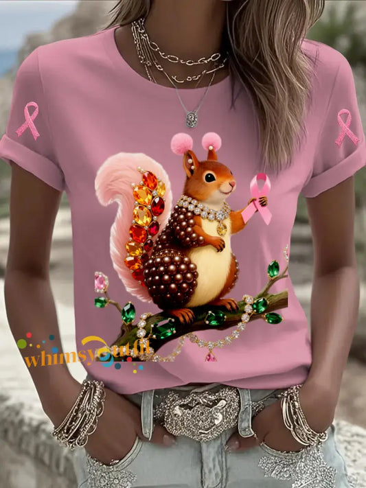 Retro Breast Cancer Pearl Jewelry Squirrel Print Comfortable Casual Cotton Short sleeved T shirt White / S