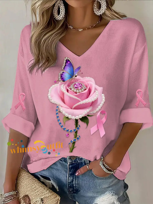 Retro Breast Cancer Pearl Rose Floral Butterfly Abstract Print Casual Cotton Waffle Long Sleeve T Shirt Pink / S
