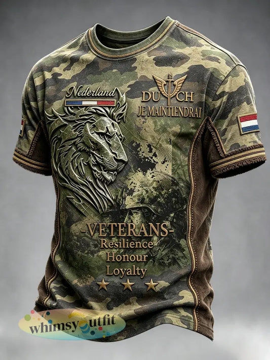 Retro camouflage heren Nederlandse veteraan leeuw print patchwork casual T-shirt - Groene Leger / S