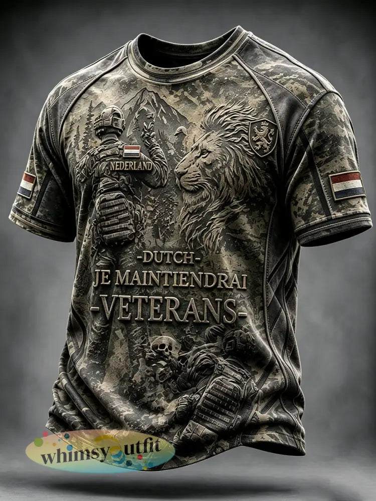 Retro camouflage Nederlandse militaire veteraan leeuwenprint casual T-shirt voor heren - Groene Leger / S