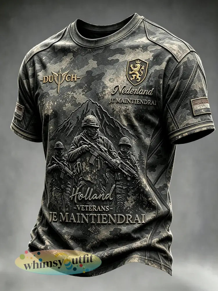 Retro camouflage Nederlandse militaire veteraan patchwork print casual T-shirt voor heren - Camouflage / S