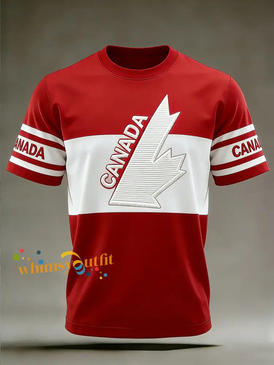 Retro Canadian Hockey Maple Leaf Patchwork Casual T-Shirt Red / S