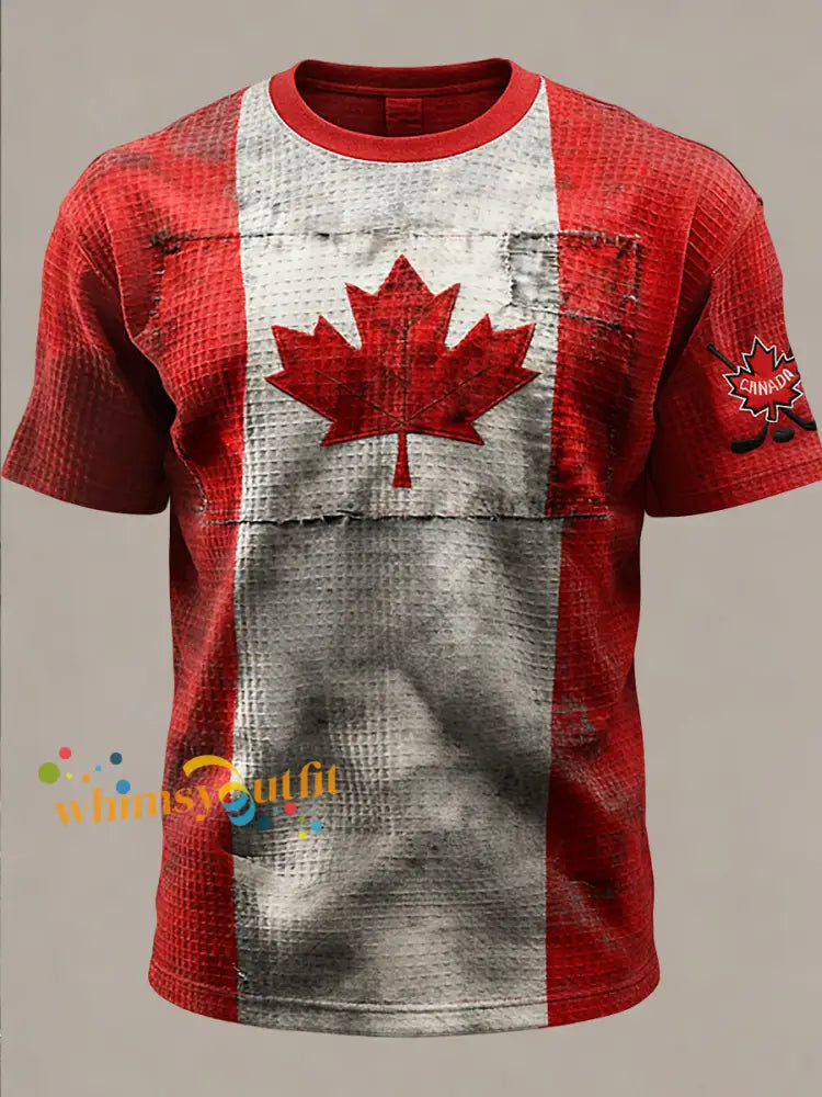 Retro Canadian Maple Leaf Patchwork Casual T-Shirt Red / S