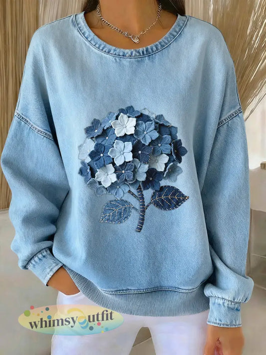Retro denim bloemenpatchwork kunstprint casual ruimvallend sweatshirt met lange mouwen - Blauw / S